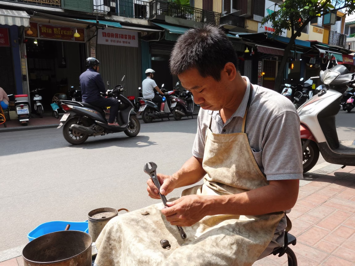 Midday street scene in Hanoi Vietnam with local artisan in in Hanoi, Vietnam