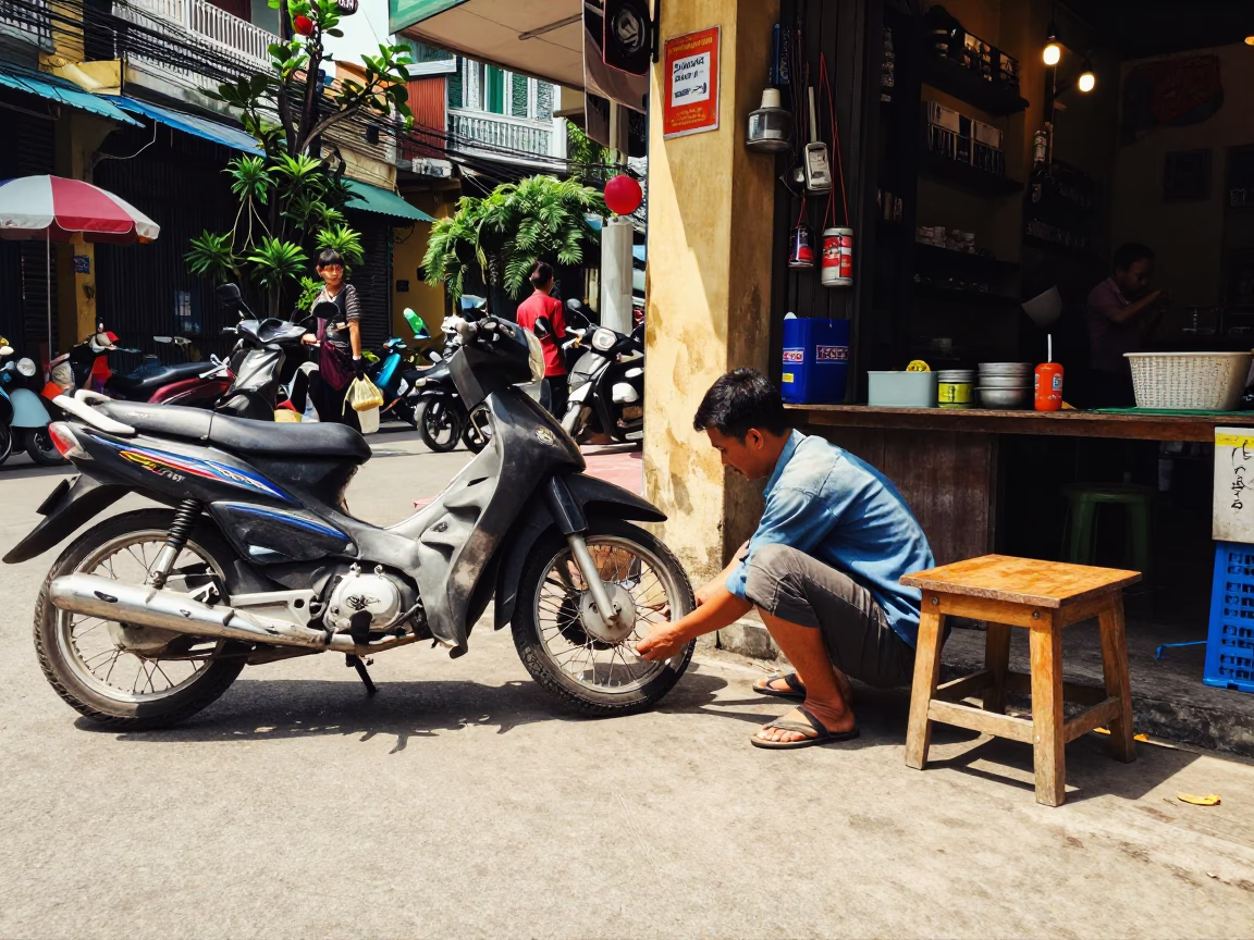 Midday Street Scene in Hanoi Vietnam with Sunlight and Local Details in in Hanoi, Vietnam