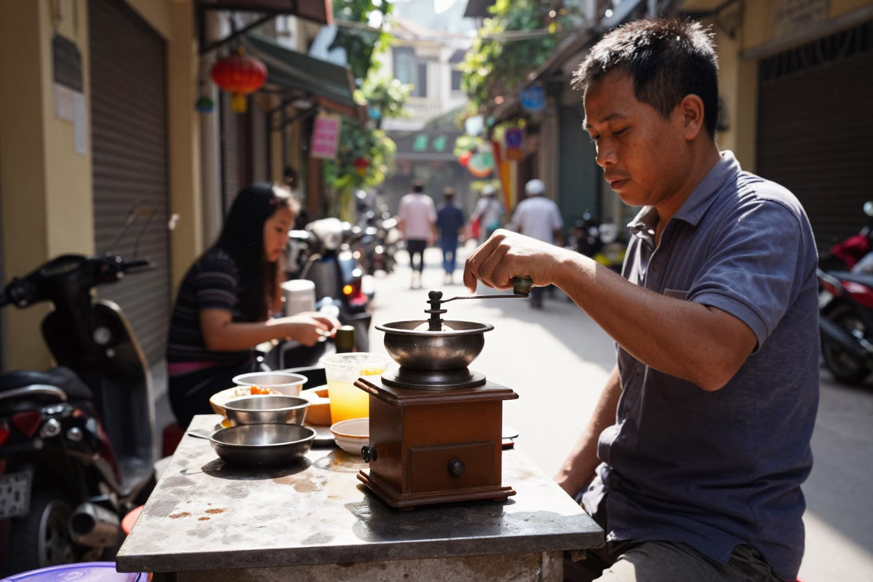 Midday Street Scene in Hanoi Vietnam with Traditional Coffee Grinder and Local Vendor in in Hanoi, Vietnam