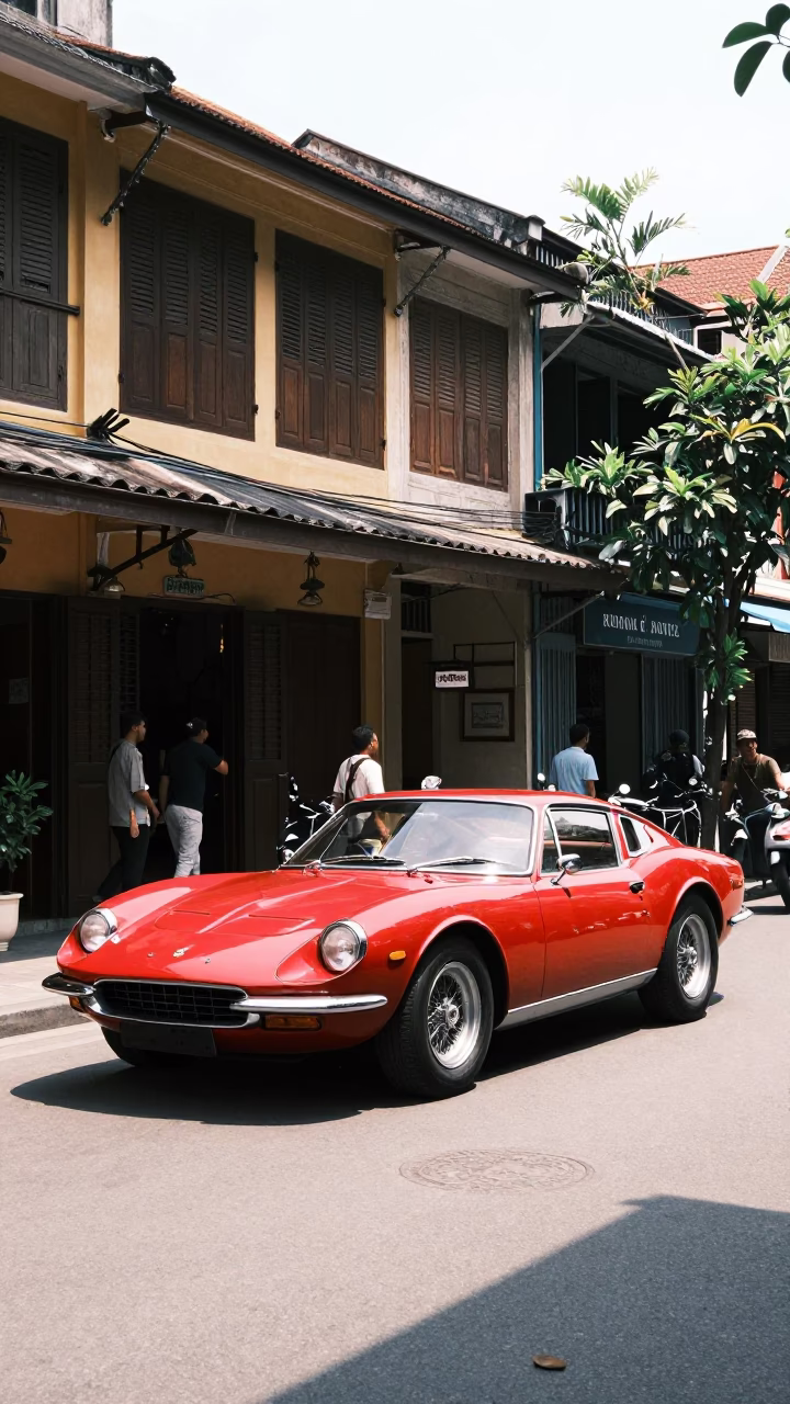 Midday Street Scene in Hanoi Vietnam with Vintage Red Sports Car and Local Traffic in in Hanoi, Vietnam