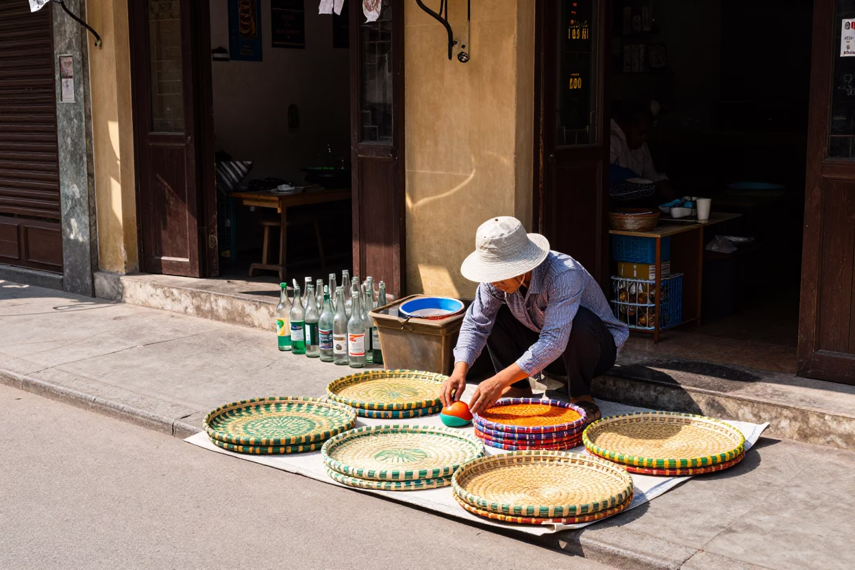Midday Street Scene in Hanoi Vietnam with Woven Mats and Glass Bottles in in Hanoi, Vietnam