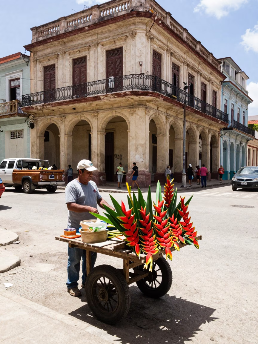 Midday Street Scene in Havana Cuba with Heliconia and Local Market Activity in in Havana, Cuba