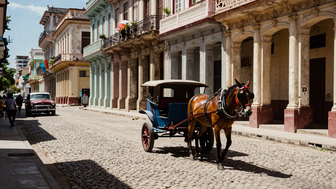 Midday Street Scene in Havana Cuba with Horse Drawn Cart on Cobblestone in in Havana, Cuba