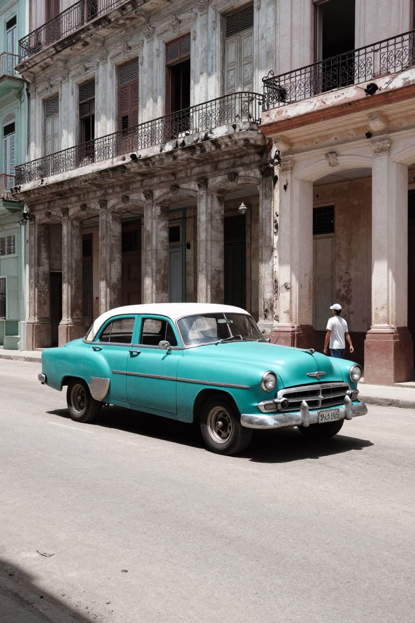 Midday Street Scene in Havana Cuba with Vintage Car and Local Life in in Havana, Cuba
