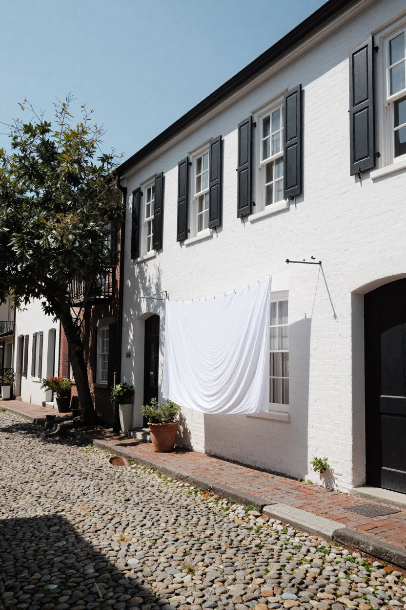 Midday Street Scene in Historic Charleston South Carolina with Laundry and Cobblestone in in Charleston, South Carolina, United States