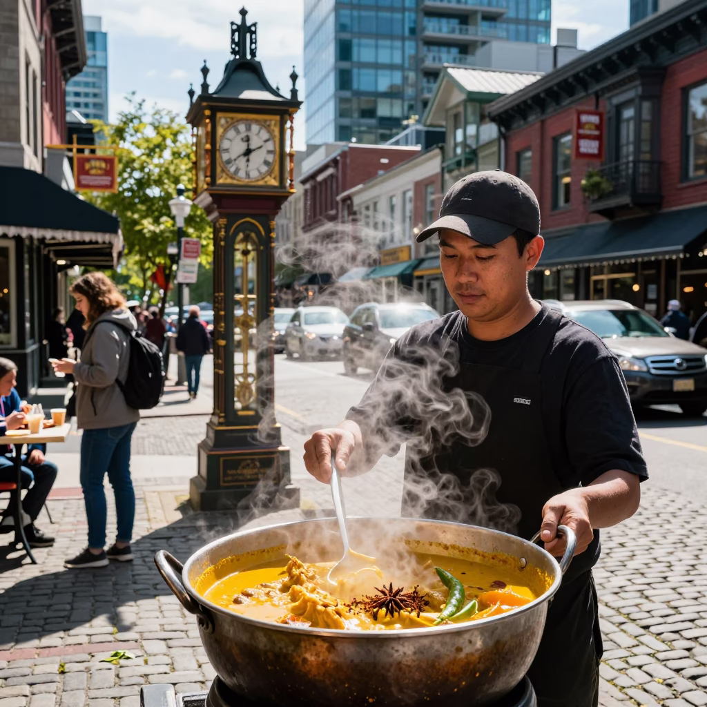 Midday Street Scene in Historic Gastown Vancouver British Columbia with Food Vendor in in Vancouver, British Columbia, Canada