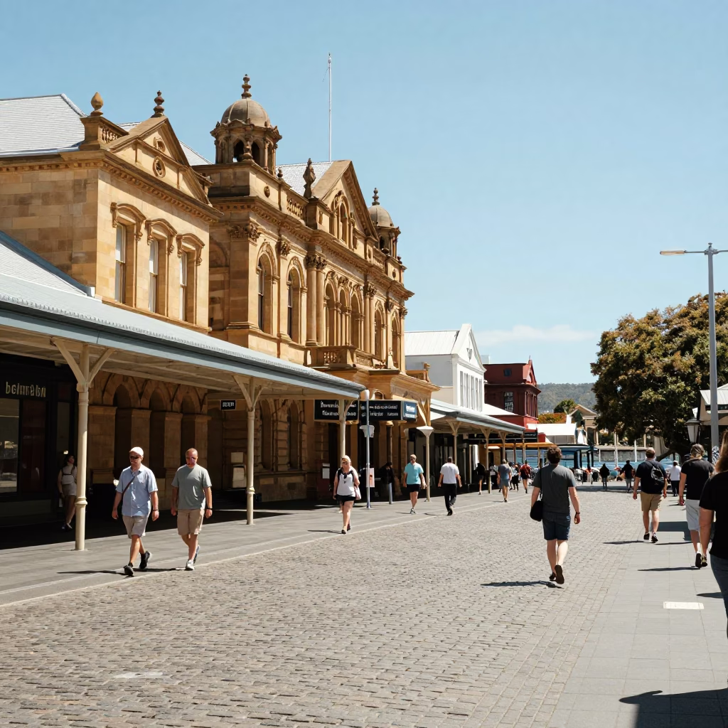 Midday street scene in Hobart Tasmania with historic architecture and pedestrians in in Hobart, Tasmania, Australia