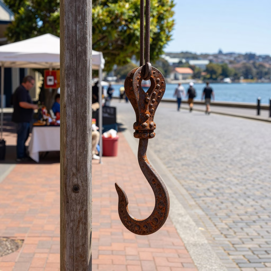 Midday Street Scene in Hobart Tasmania with Iron Hook and Terracotta Pot in in Hobart, Tasmania, Australia
