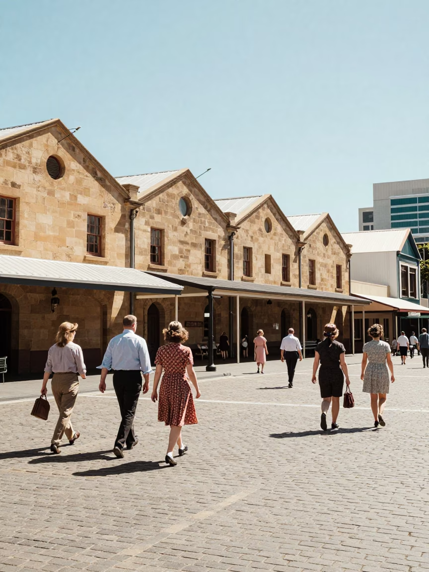 Midday Street Scene in Hobart Tasmania with Vintage 1960s Aesthetic and Local Colorful Details in in Hobart, Tasmania, Australia