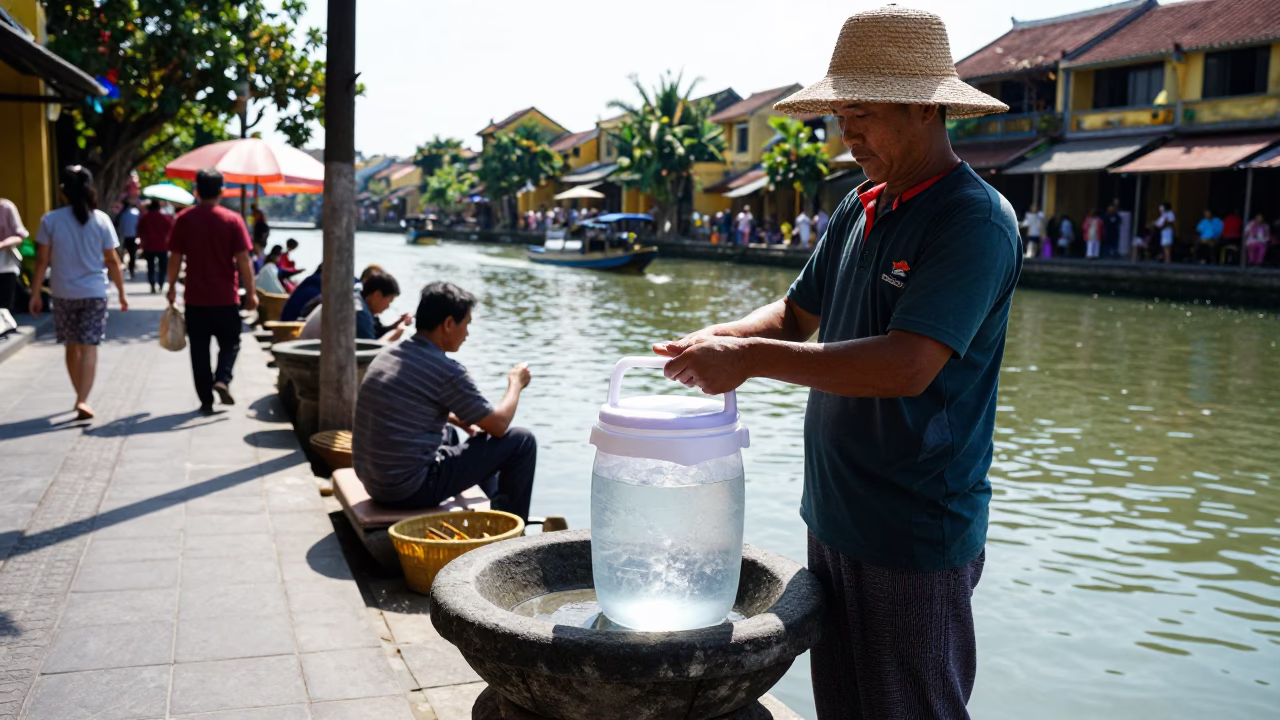 Midday Street Scene in Hoi An Vietnam with Cool Jug and River View in in Hoi An, Vietnam
