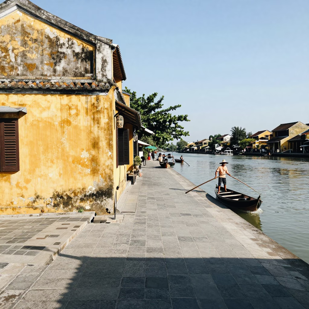 Midday Street Scene in Hoi An Vietnam with Coracle Fisherman and Vintage Elements in in Hoi An, Vietnam