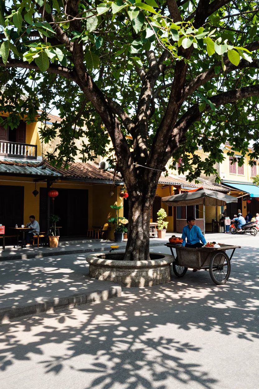 Midday Street Scene in Hoi An Vietnam with Leaf Shadows and Local Market Activity in in Hoi An, Vietnam