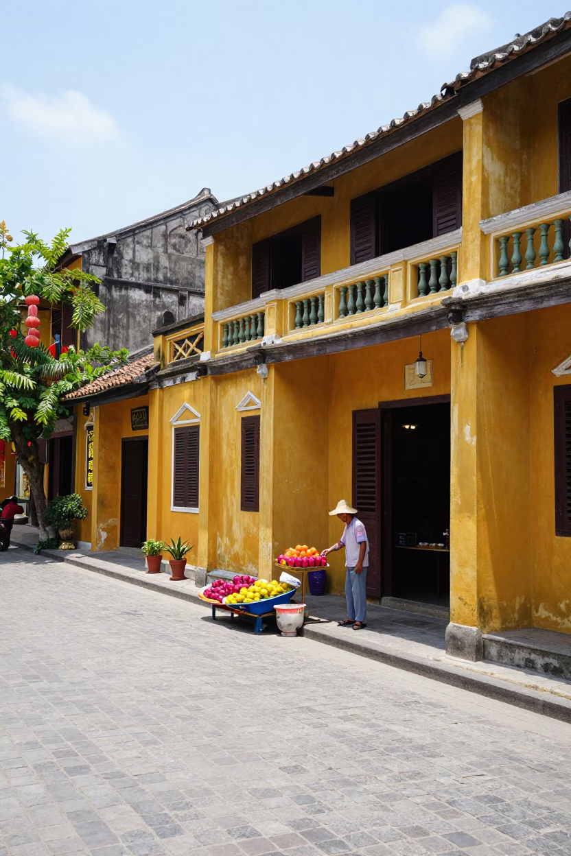 Midday Street Scene in Hoi An Vietnam with Traditional Yellow Buildings and Paper Lanterns in in Hoi An, Vietnam