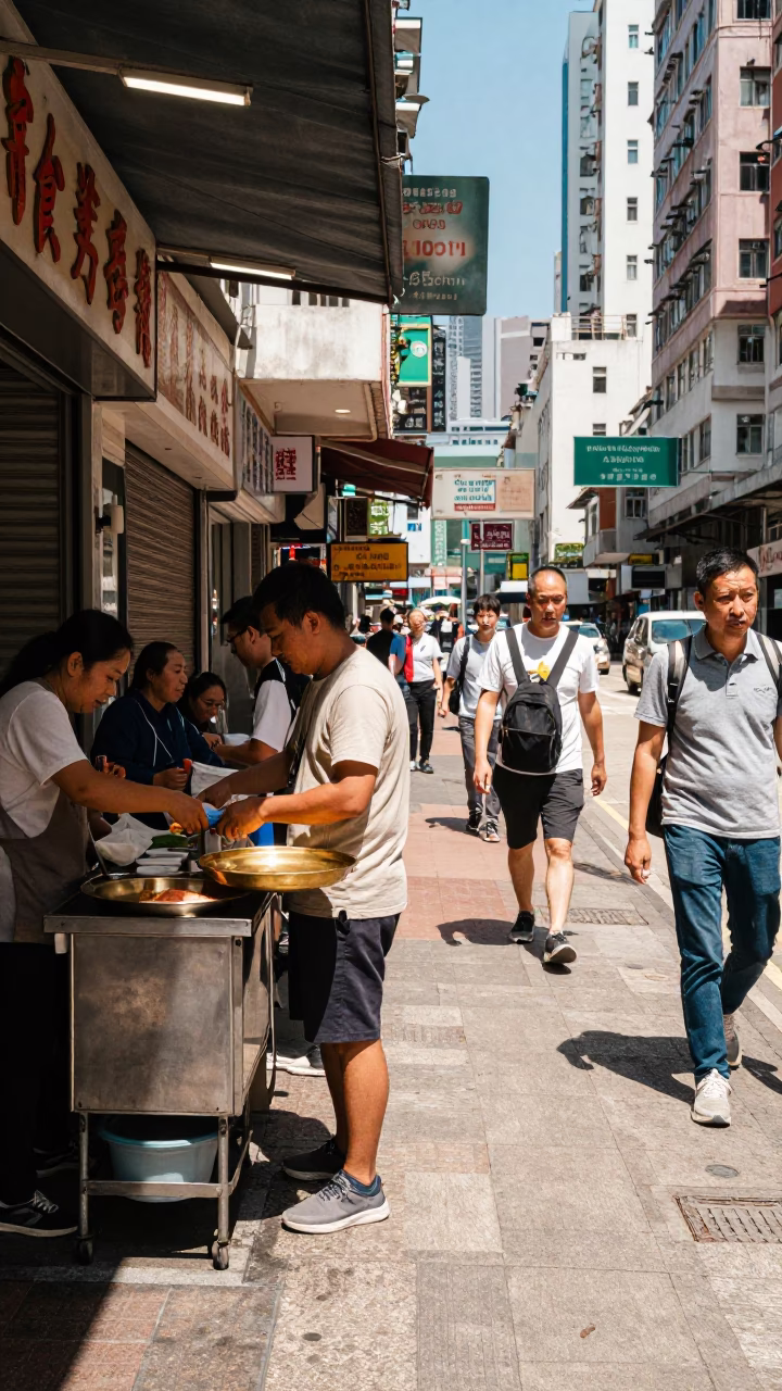 Midday Street Scene in Hong Kong with Traditional Food Vendor and Urban Details in in Hong Kong, Hong Kong