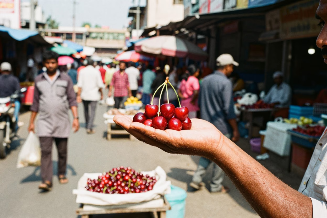 Midday Street Scene in Hyderabad India with Cherries and Traditional Vendor in in Hyderabad, India