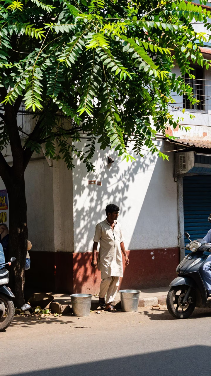 Midday Street Scene in Hyderabad India with Metal Bucket and Leaf Shadows in in Hyderabad, India