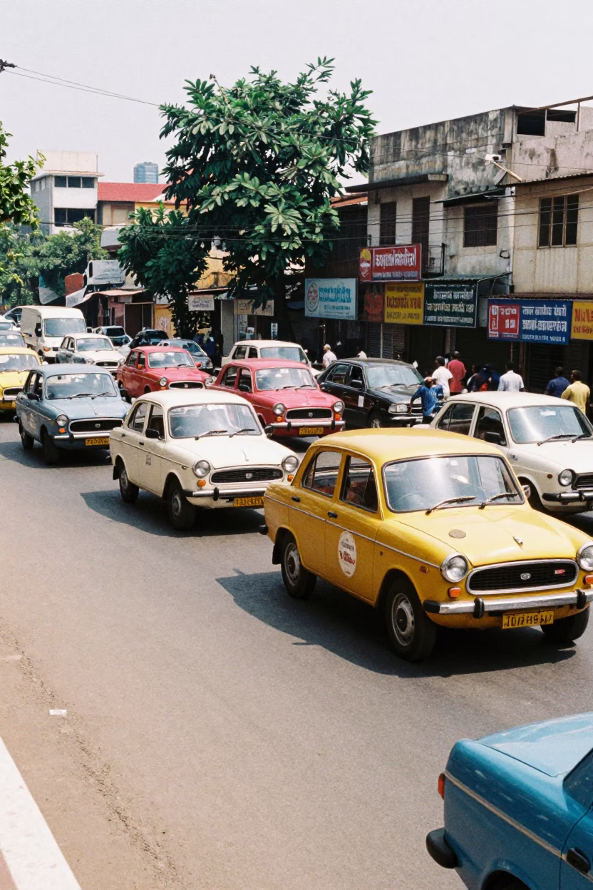 Midday Street Scene in Hyderabad India with Vintage 1980s Automobiles and Busy Market Activity in in Hyderabad, India