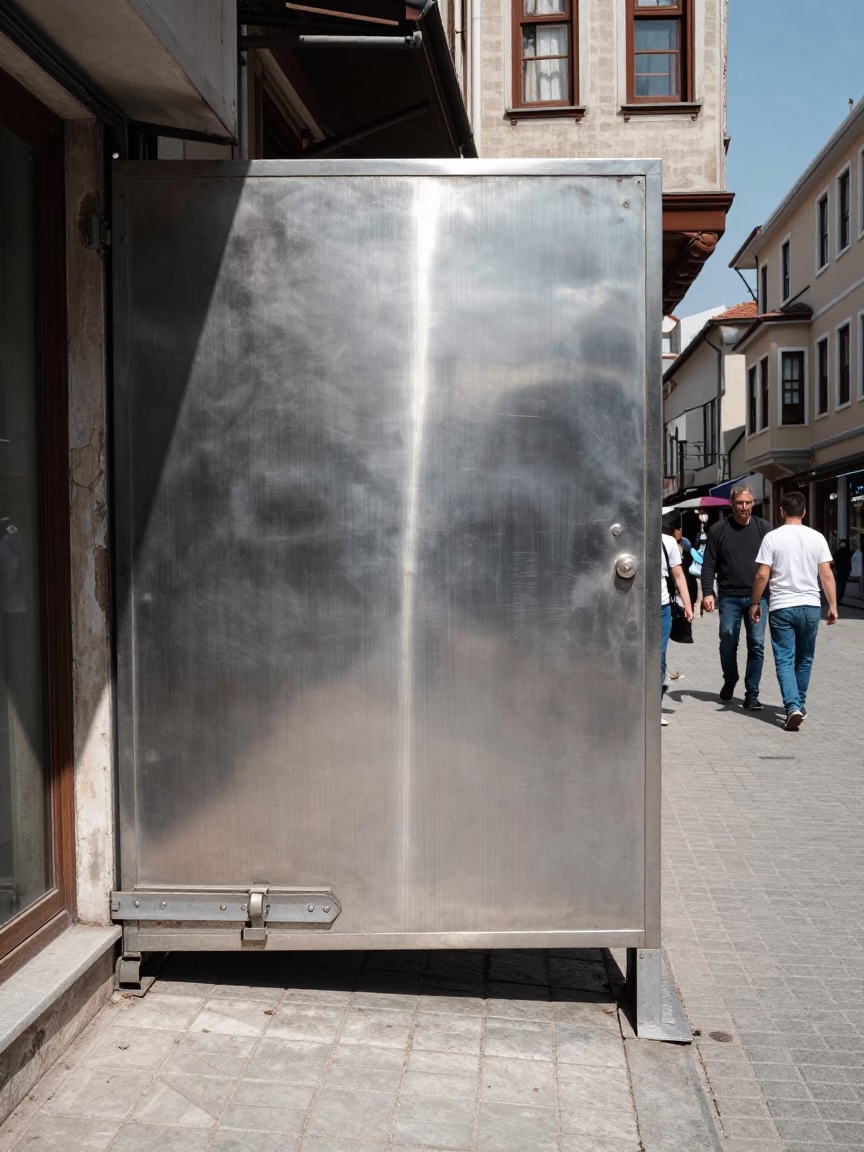 Midday Street Scene in Istanbul Turkey with Brushed Steel Wall and Latch Details in in Istanbul, Turkey