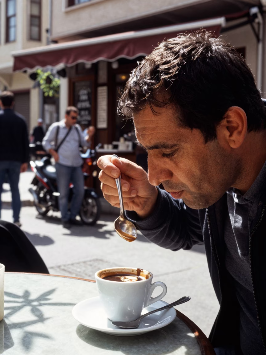 Midday street scene in Istanbul Turkey with coffee cupper and local architecture in in Istanbul, Turkey