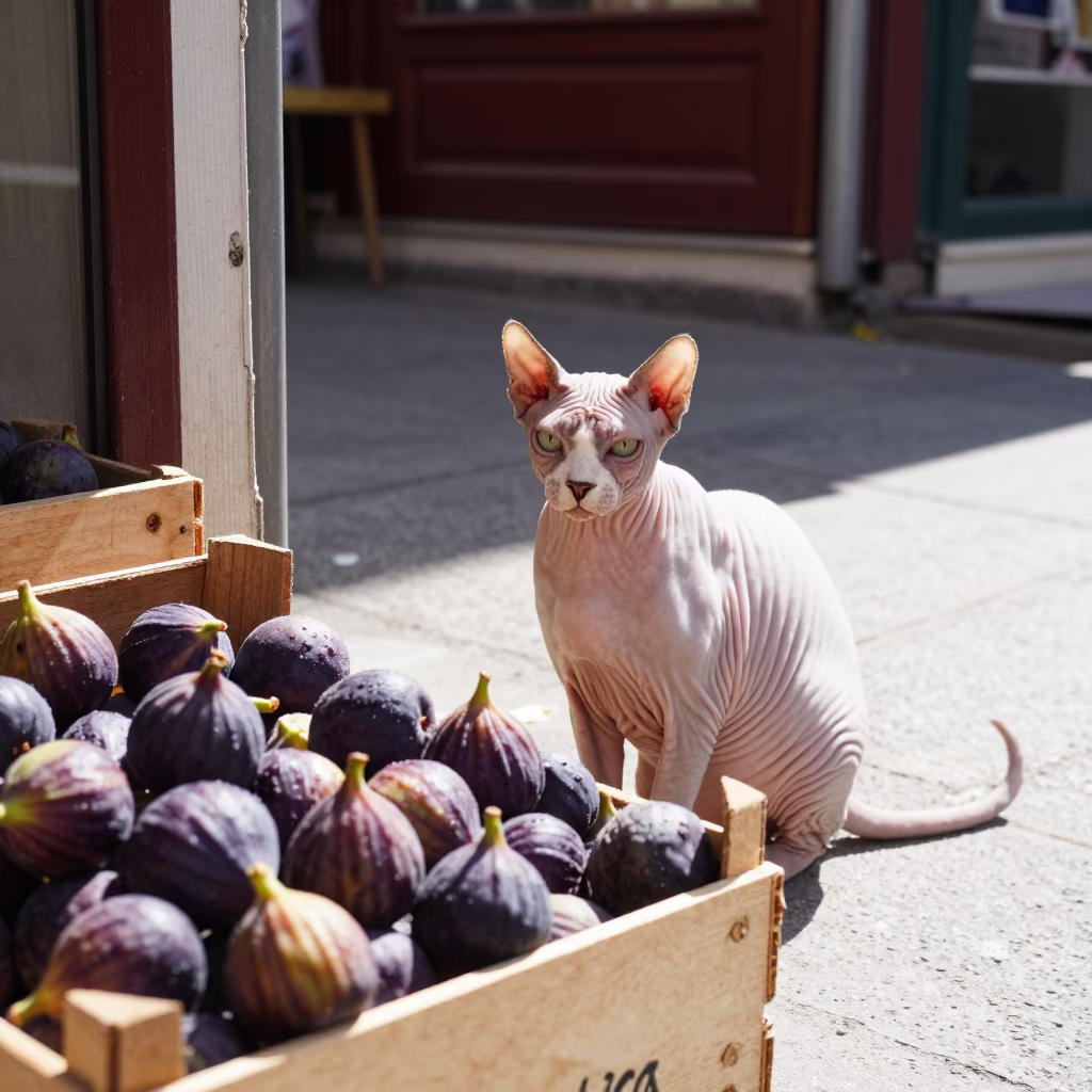 Midday Street Scene in Istanbul Turkey with Donskoy Cat and Fresh Figs in in Istanbul, Turkey