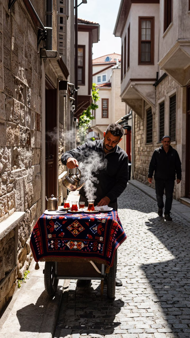 Midday Street Scene in Istanbul with Tea Kettles and Embroidered Cushions in in Istanbul, Turkey