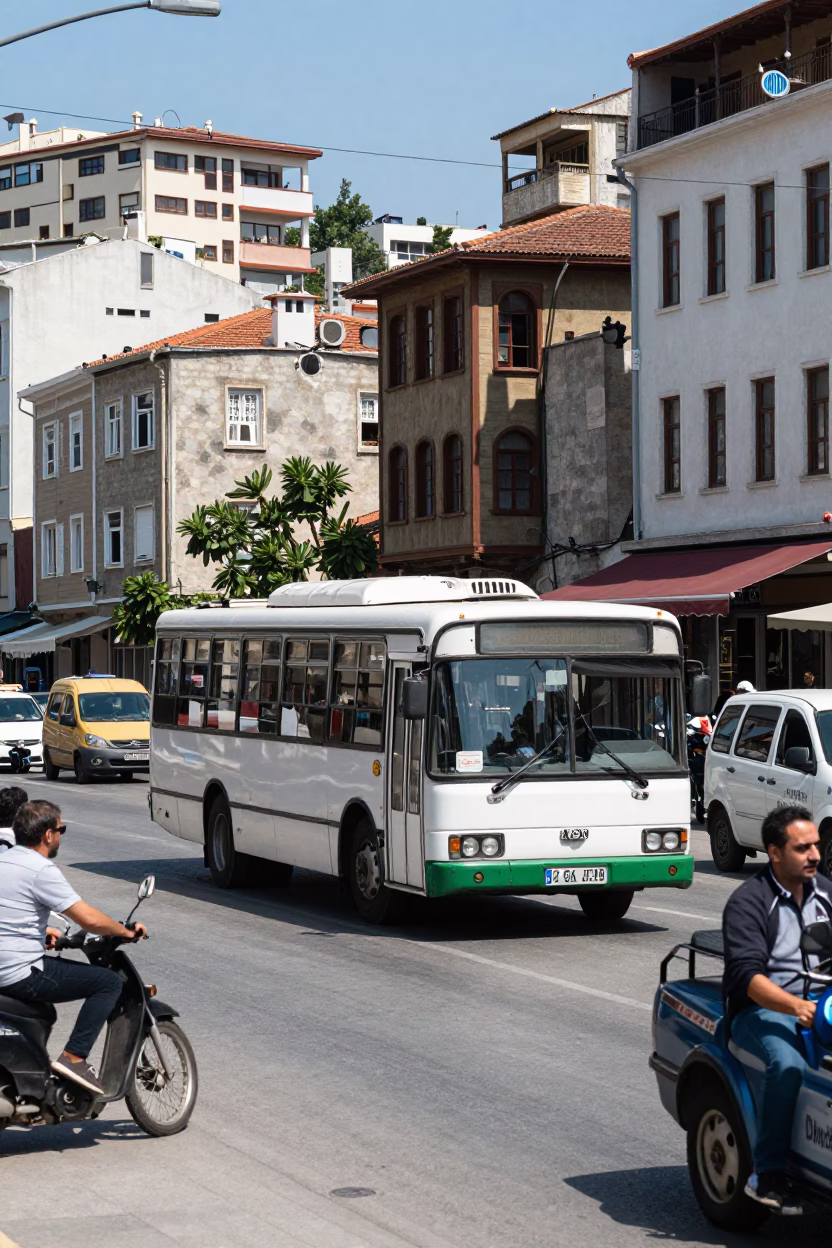 Midday Street Scene in Izmir Turkey with Classic Bus and Local Life in in Izmir, Turkey