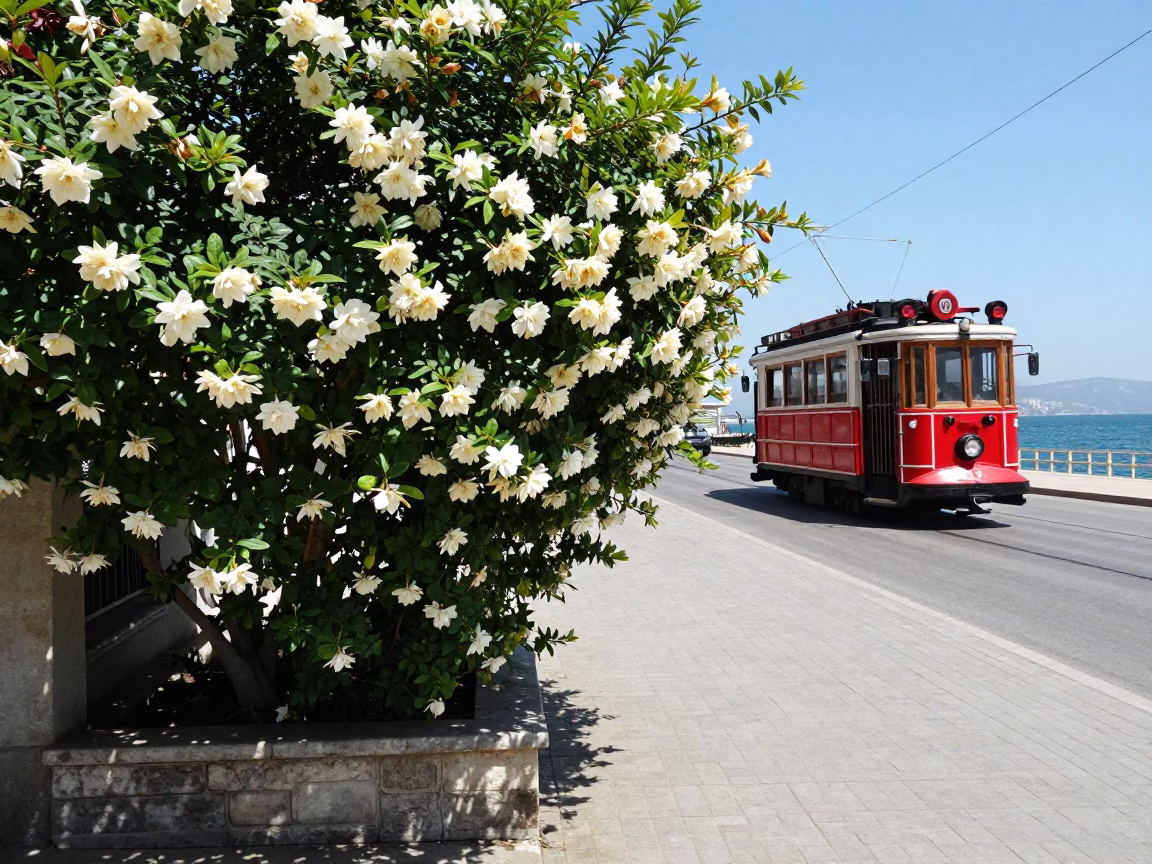 Midday Street Scene in Izmir Turkey with Gardenia Bush and Heritage Tram in in Izmir, Turkey