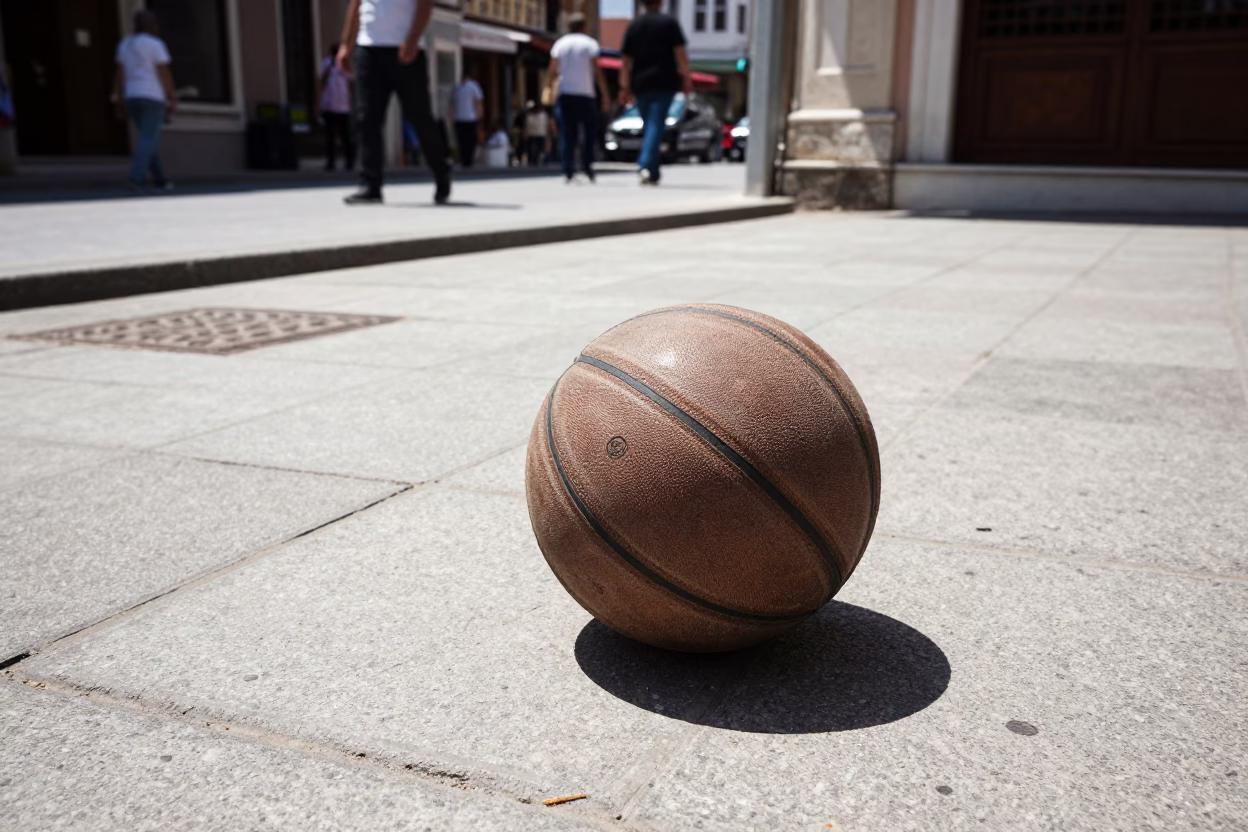 Midday Street Scene in Izmir Turkey with Old Leather Basketball and Urban Details in in Izmir, Turkey