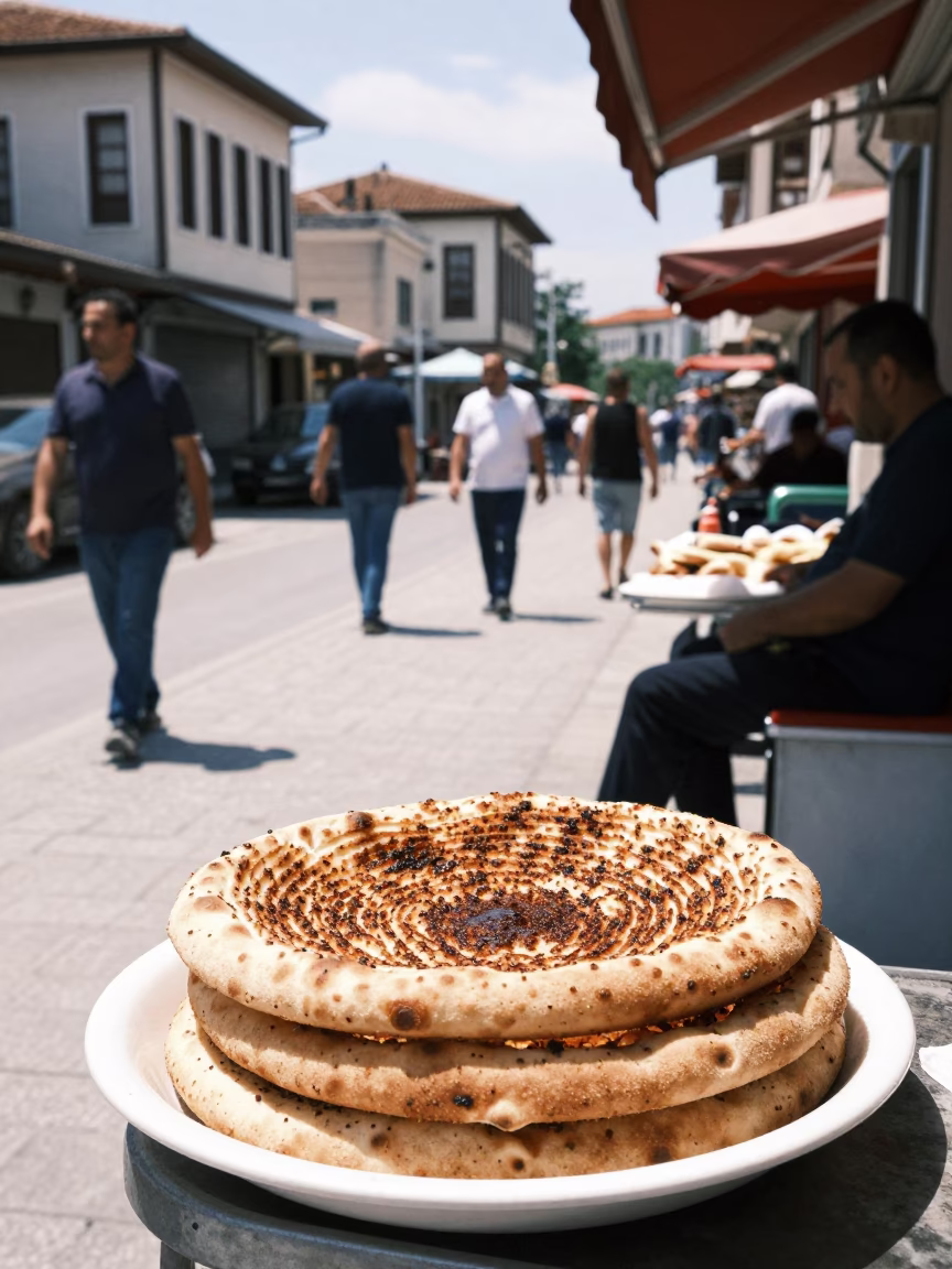 Midday Street Scene in Izmir Turkey with Plate of Manakeesh Zaatar in in Izmir, Turkey