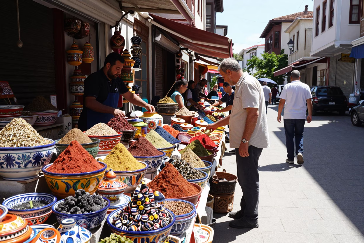 Midday Street Scene in Izmir Turkey with Spice Jars and Local Commerce in in Izmir, Turkey
