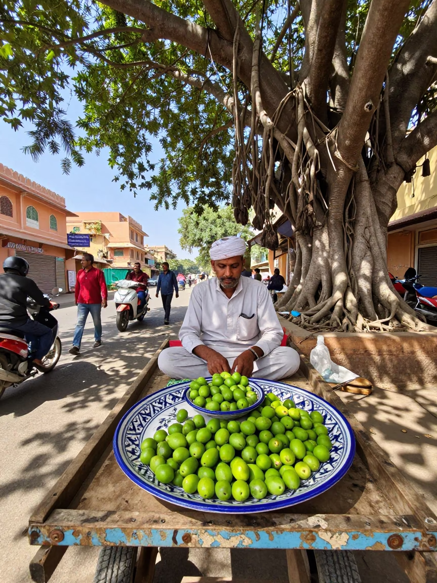 Midday Street Scene in Jaipur India with Banyan Grove Roots and Vintage Majolica Plate in in Jaipur, India