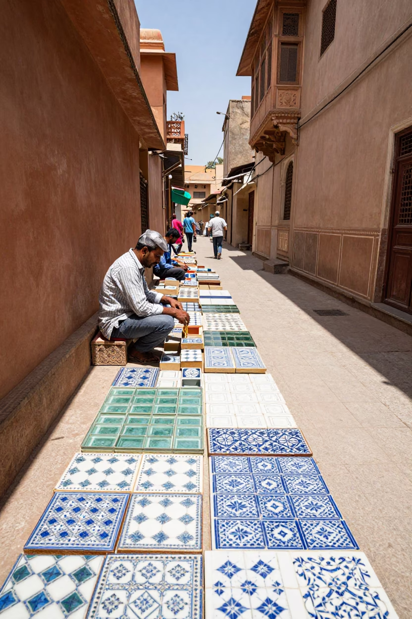 Midday Street Scene in Jaipur India with Ceramic Tiles and Glass Bottles in in Jaipur, India