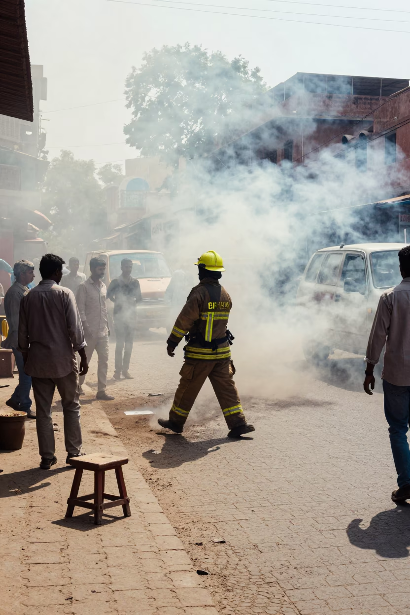 Midday Street Scene in Jaipur India with Firefighter in Smoke and Work Stool in in Jaipur, India