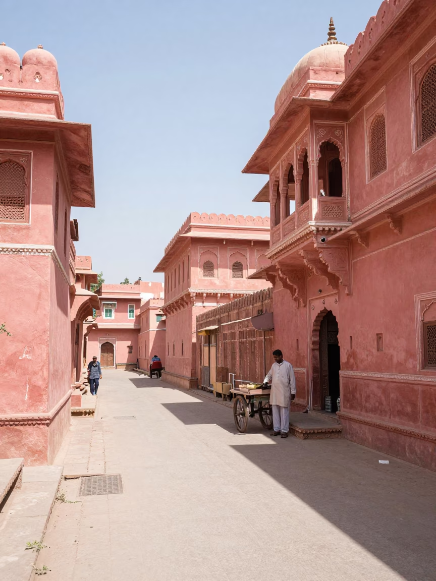 Midday Street Scene in Jaipur India with Pink Sandstone Architecture and Local Market Activity in in Jaipur, India