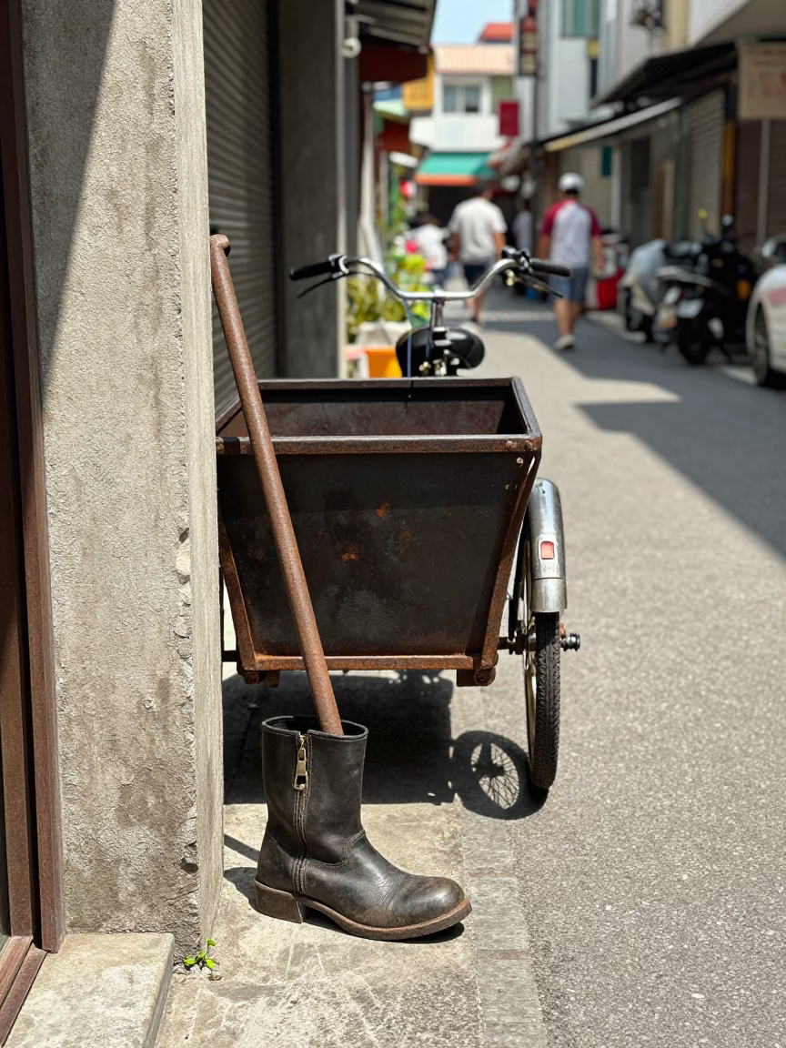 Midday Street Scene in Kaohsiung Taiwan with Cargo Bicycle and Boot Scraper in in Kaohsiung, Taiwan