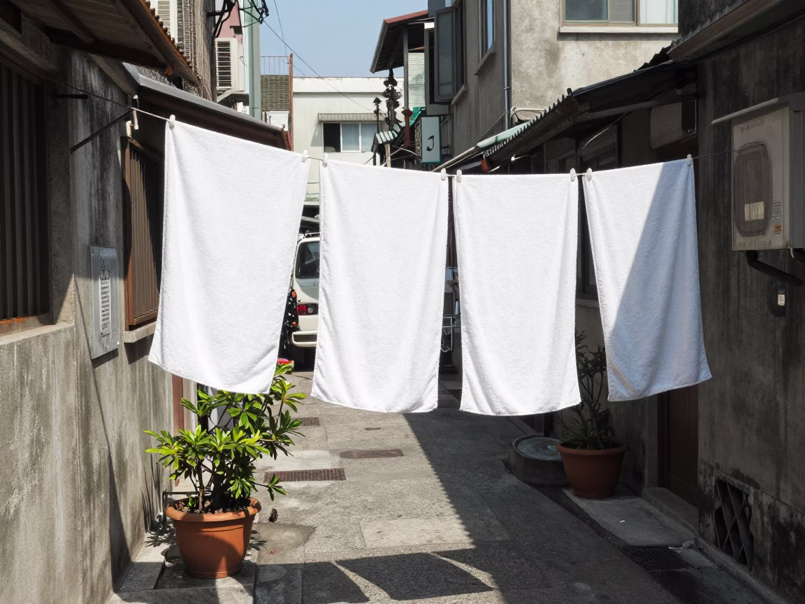 Midday Street Scene in Kaohsiung Taiwan with Drying Towels and Potted Succulents in in Kaohsiung, Taiwan