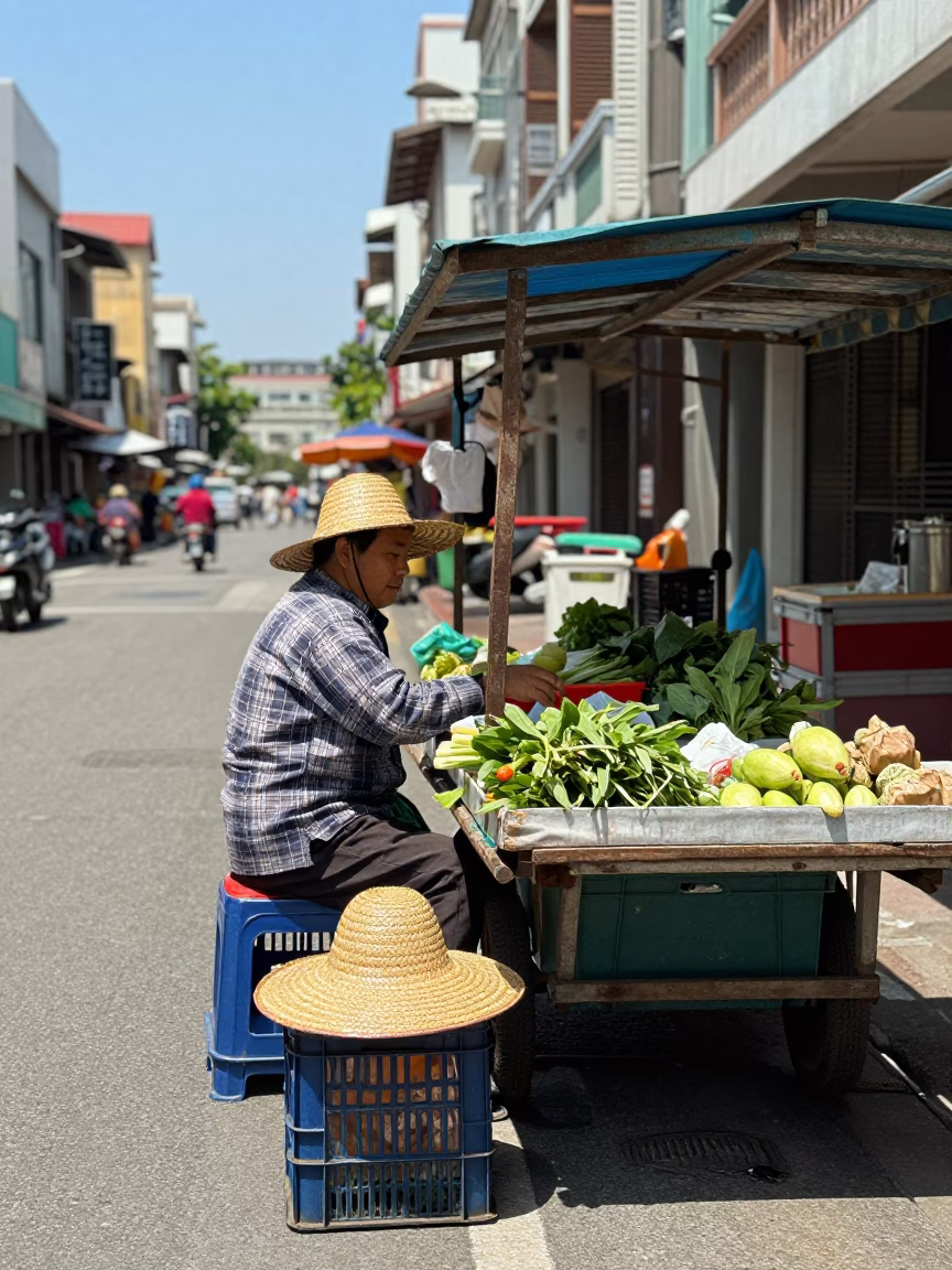 Midday Street Scene in Kaohsiung Taiwan with Vendor and Straw Hat in in Kaohsiung, Taiwan