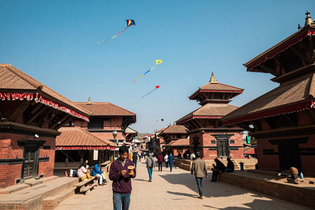 Midday Street Scene in Kathmandu Nepal with Kite Festival Sky in in Kathmandu, Nepal