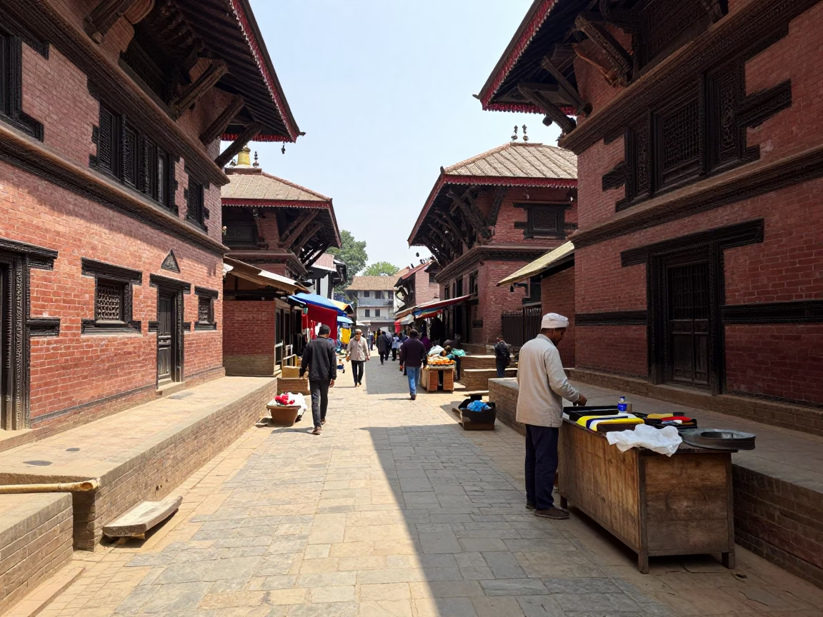 Midday street scene in Kathmandu Nepal with local market activity and traditional architecture in in Kathmandu, Nepal