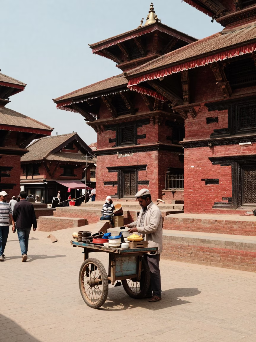 Midday Street Scene in Kathmandu Nepal with Local Vendor and Traditional Elements in in Kathmandu, Nepal
