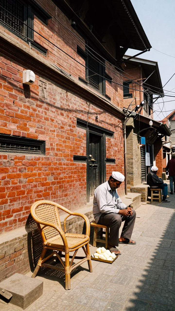 Midday Street Scene in Kathmandu Nepal with Rattan Chair and Butter Dish in in Kathmandu, Nepal