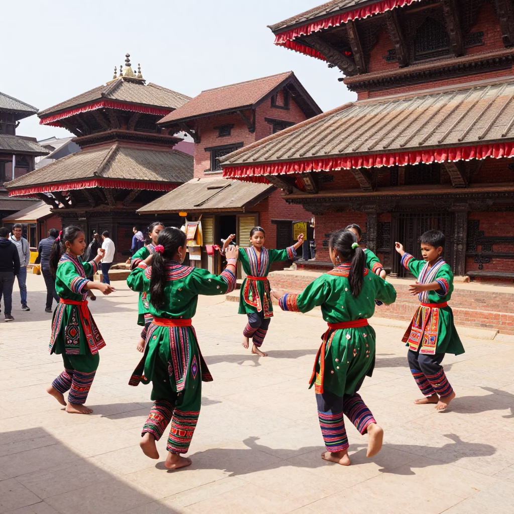 Midday Street Scene in Kathmandu Nepal with Traditional Folk Dance and Classroom Details in in Kathmandu, Nepal