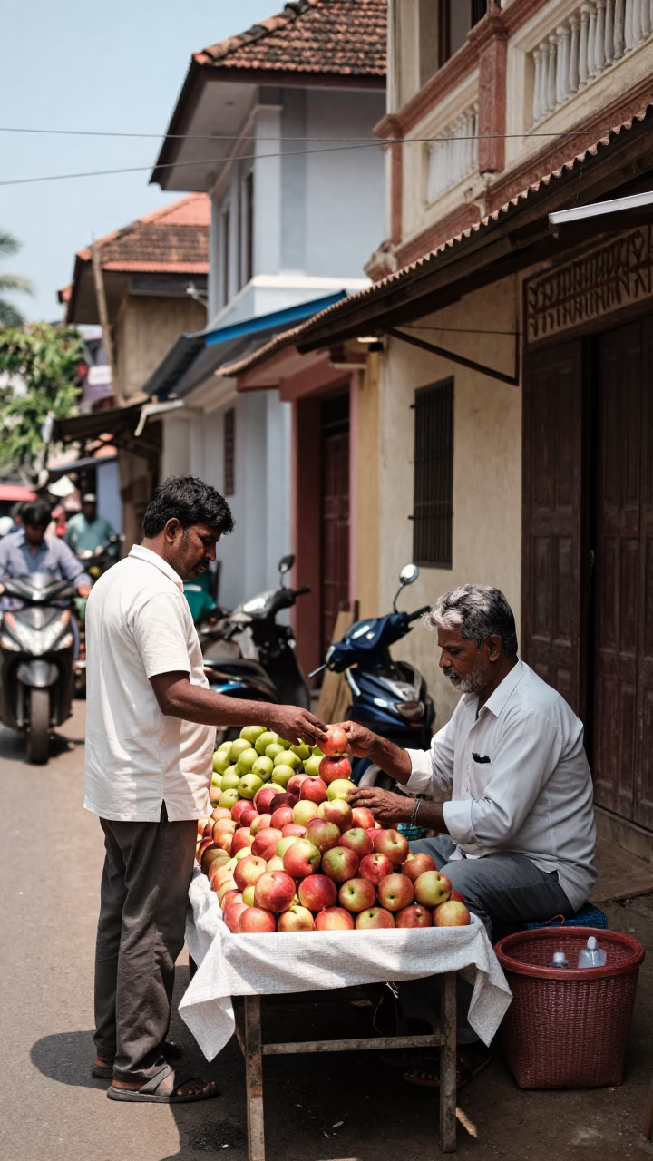 Midday Street Scene in Kochi India with Apple Vendor and Local Commerce in in Kochi, India