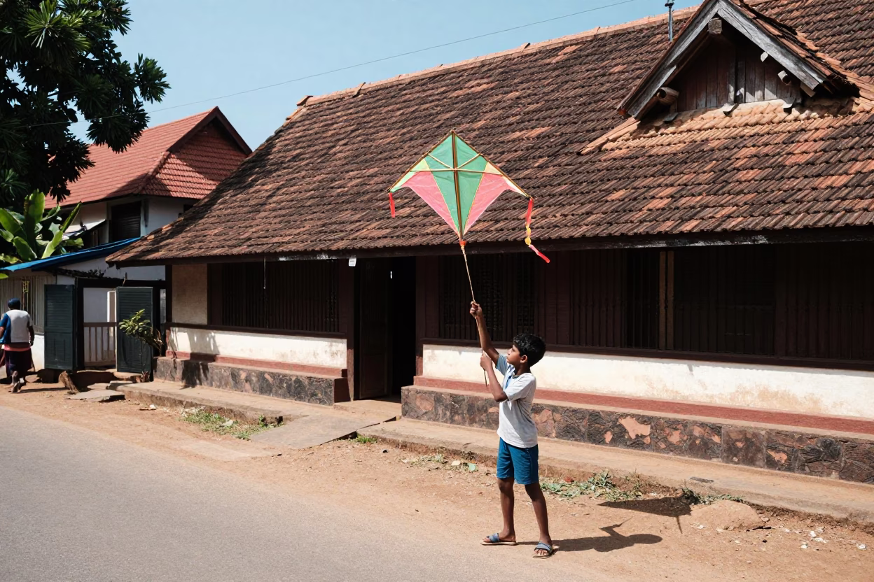 Midday street scene in Kochi India with boy holding homemade kite in in Kochi, India