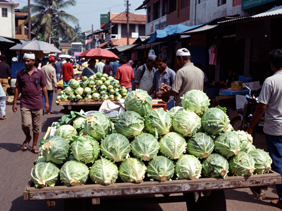 Midday Street Scene in Kochi India with Cabbages and Local Market Activity in in Kochi, India