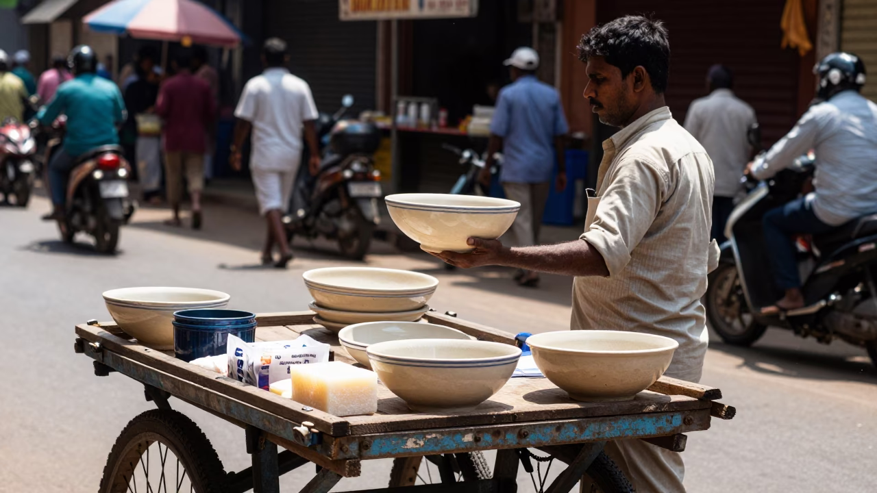Midday Street Scene in Kochi India with Ceramic Bowl and Soap Residue in in Kochi, India