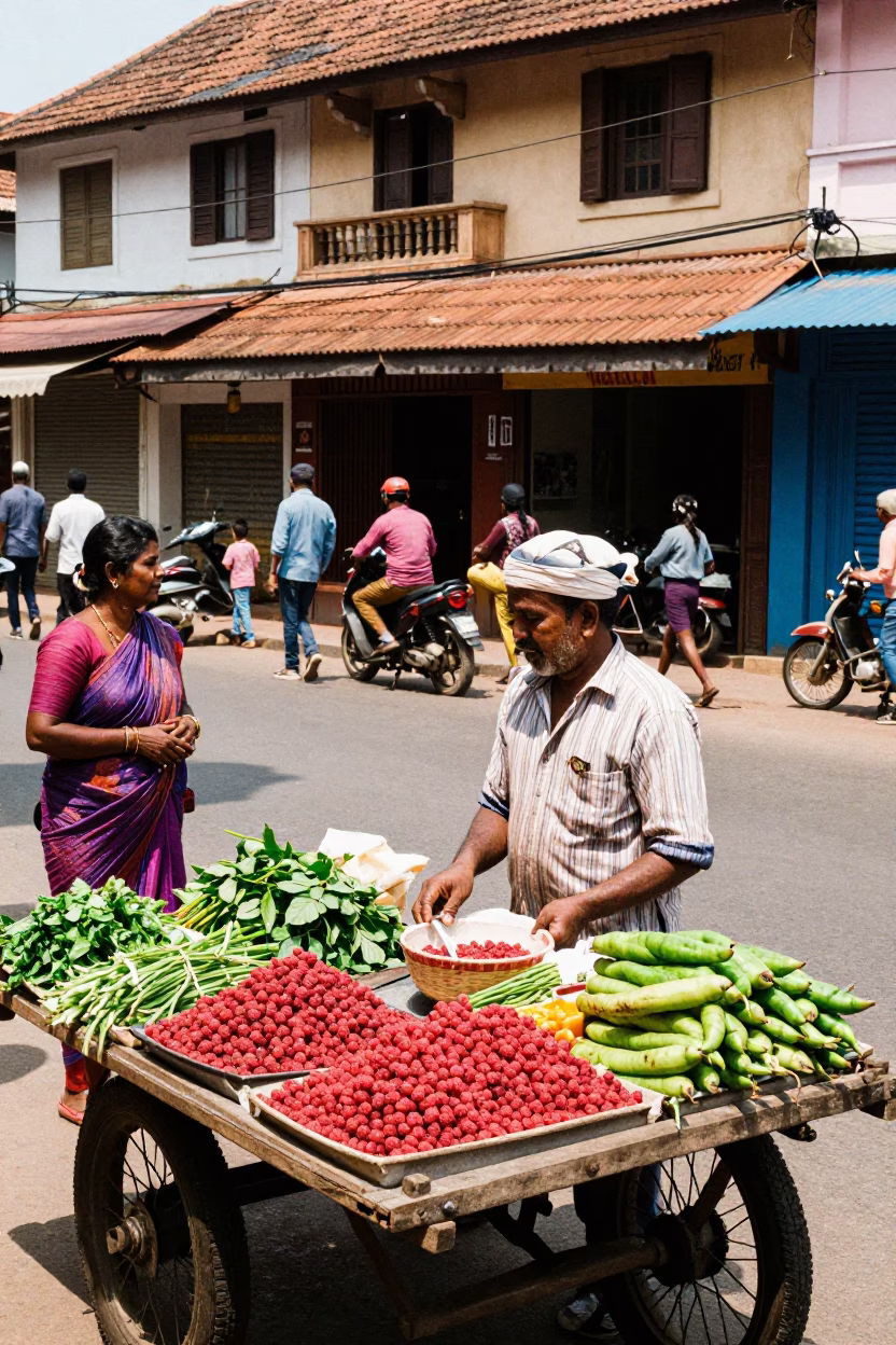 Midday Street Scene in Kochi India with Local Vendor and Colorful Produce in in Kochi, India
