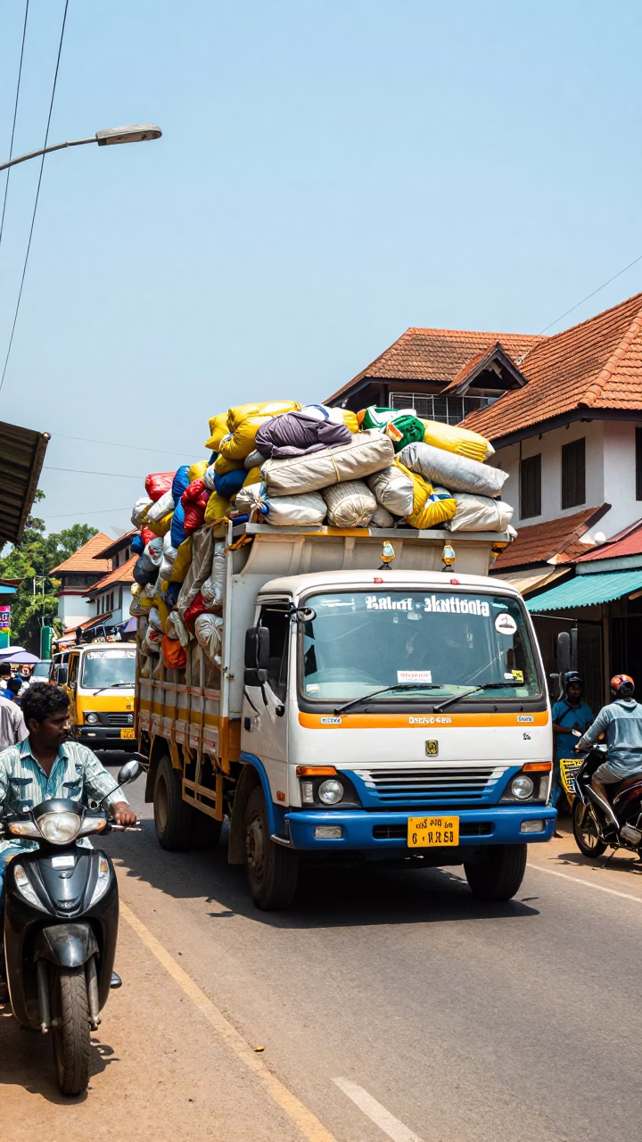 Midday Street Scene in Kochi India with Overloaded Truck and Local Market Activity in in Kochi, India
