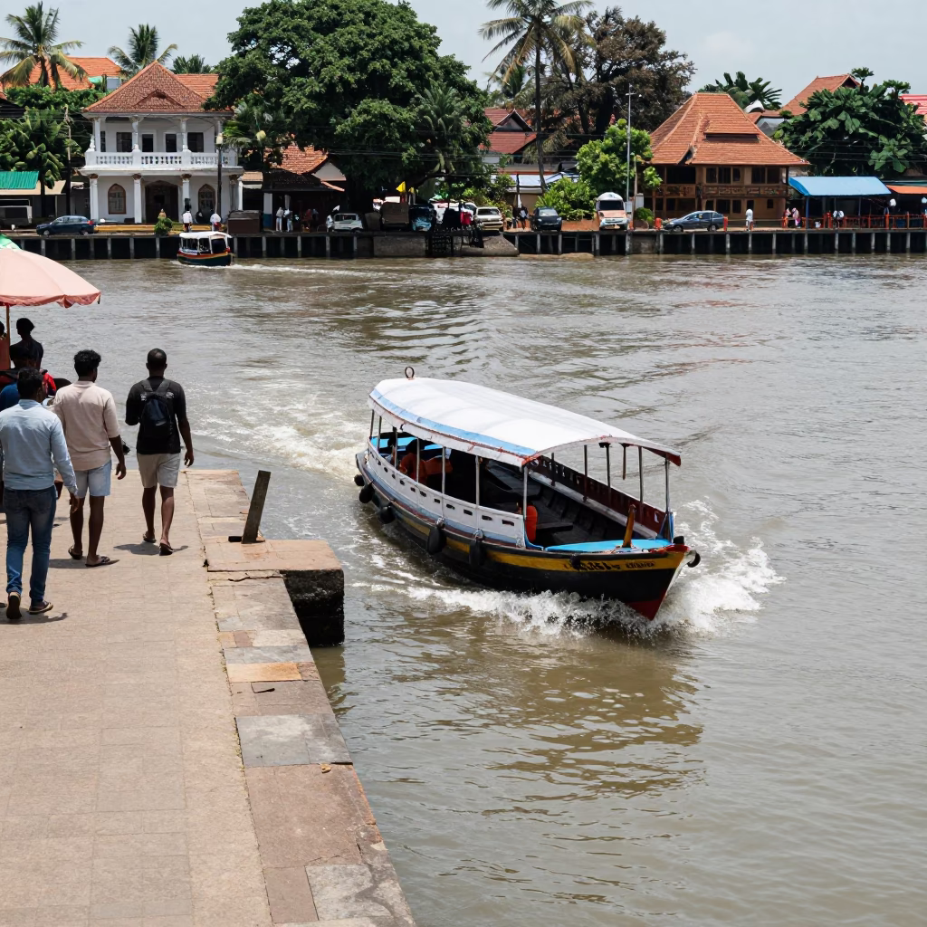 Midday Street Scene in Kochi India with Water Taxi and Canal Houseboats in in Kochi, India