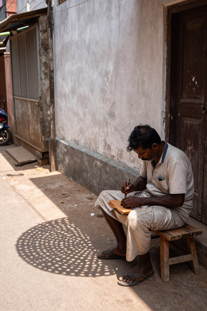 Midday Street Scene in Kochi India with Wicker Shadow on Plaster Wall in in Kochi, India